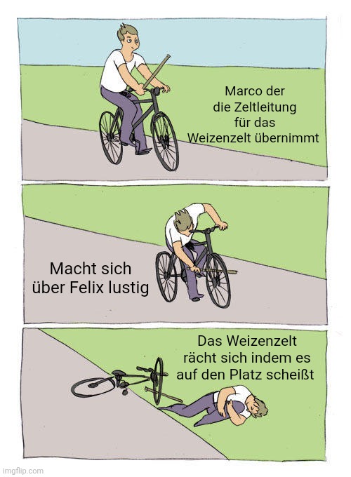 Marco der die Zeltleitung f&uuml;r das Weizenzelt &uuml;bernimmt: Mann mit Stock in der Hand f&auml;hrt Fahrrad. Macht sich über Felix lustig: Radfahrer steckt sich den Stock in die Speichen des Vorderrads. Das Weizenzelt r&auml;cht sich, indem es auf den Platz schei&szlig;t: Mann liegt neben Fahrrad und h&auml;lt sich das Knie.